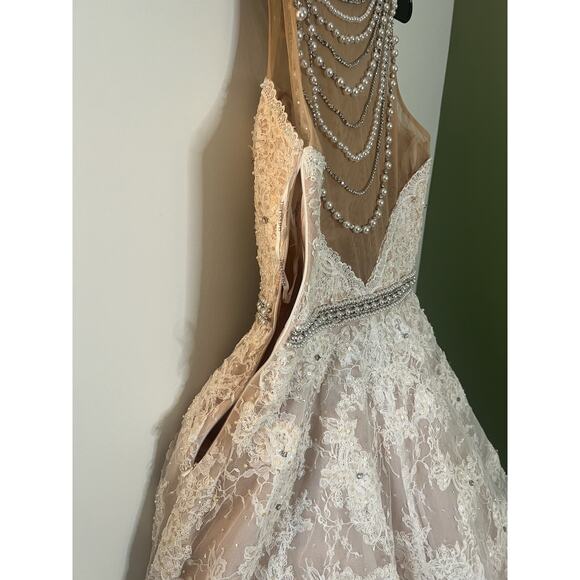 Sherri Hill SZ 10- 1338 Ivory Lace Pearl Neck‎ Back Mesh Ballgown Wedding Dress - Picture 6 of 12
